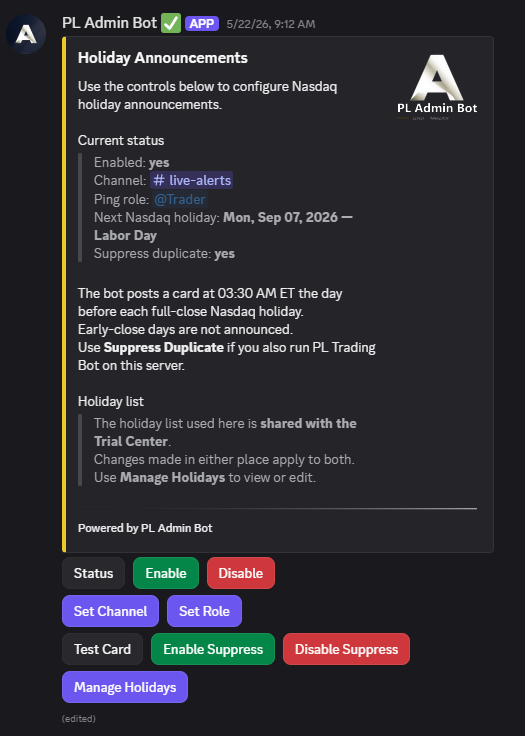 PL Admin Bot — holiday announcement card