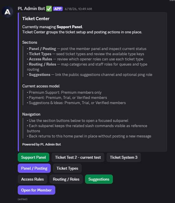 PL Admin Bot — ticket panel & staff controls