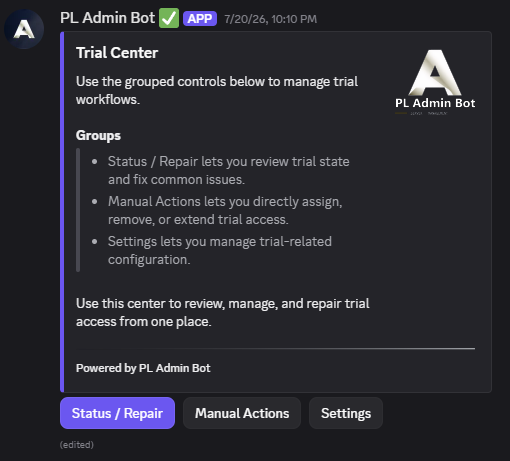 PL Admin Bot — trial center panel